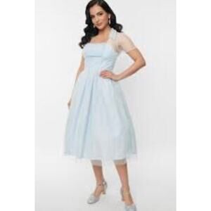 Unique Vintage Light Blue Swing Dress Tulle 1950s Dress Pin Up Rockabilly Sz L